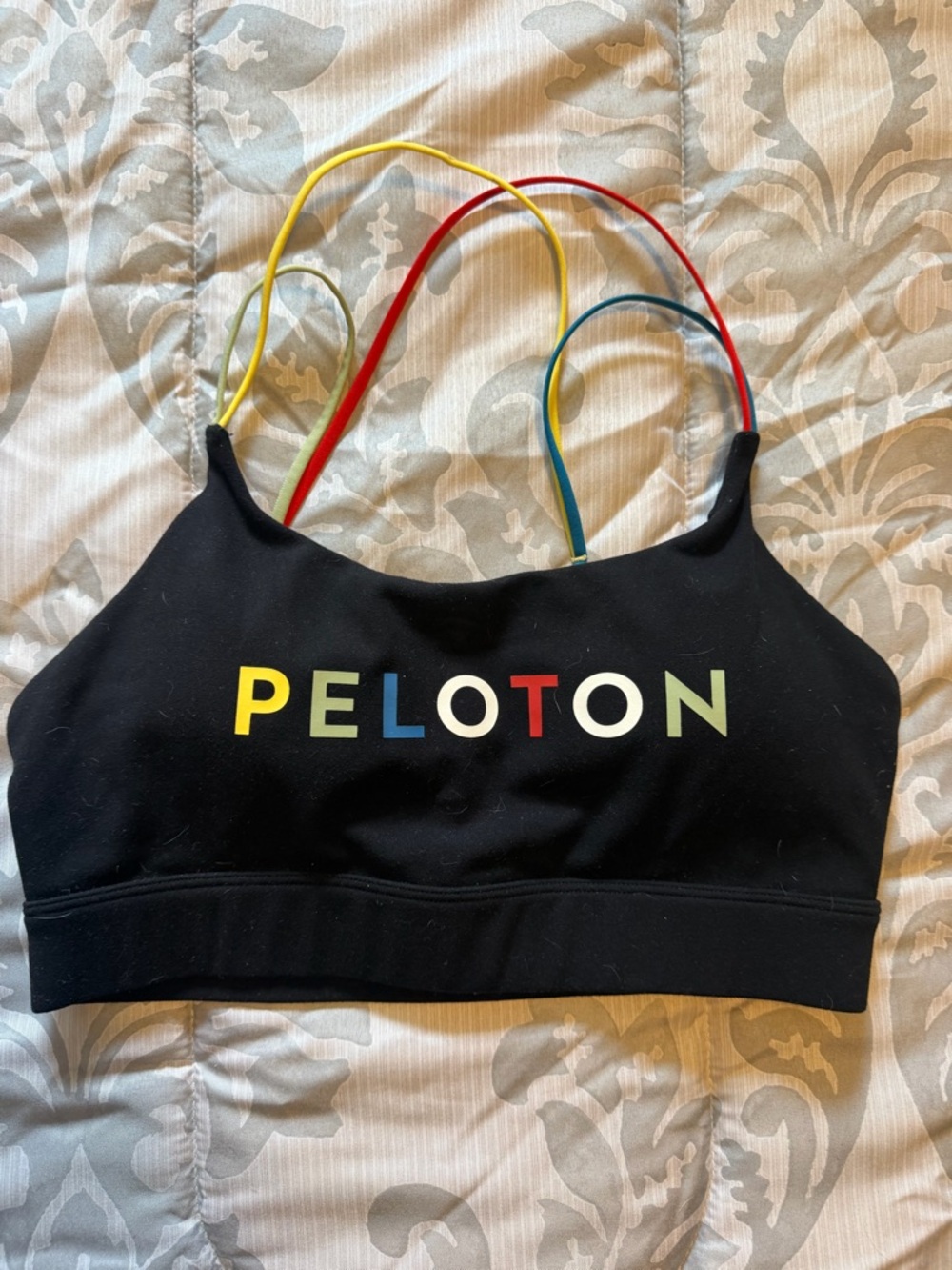 Peloton Black Sports Bra with Rainbow Lettering and Straps